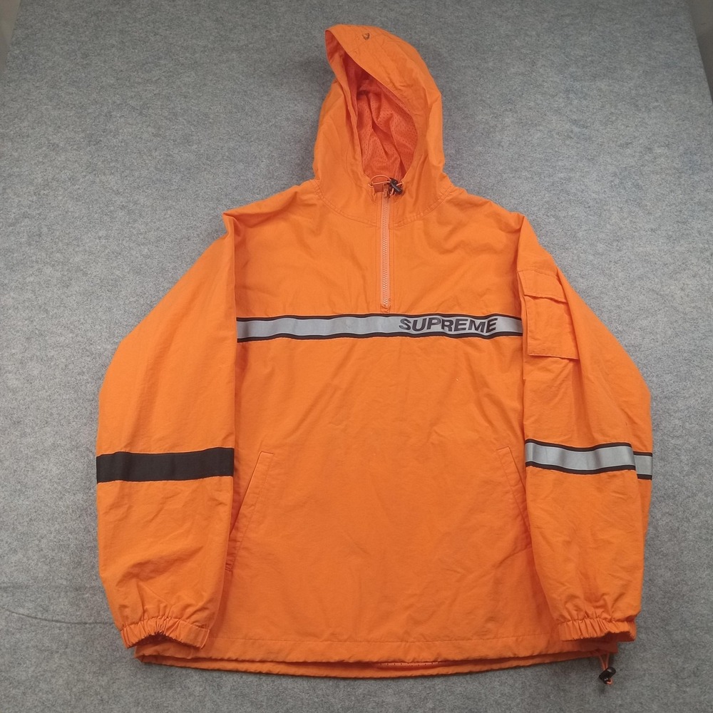 Supreme Jacket Mens Medium‎ Orange Hooded Anorak Reflective Stripe Pullover Coat